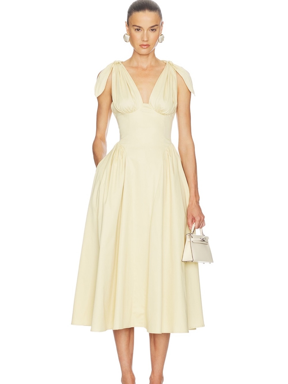 Helsa Fairweather Midi Dress in Stretch Cotton Sateen in Hay BRAND NEW W TAGS